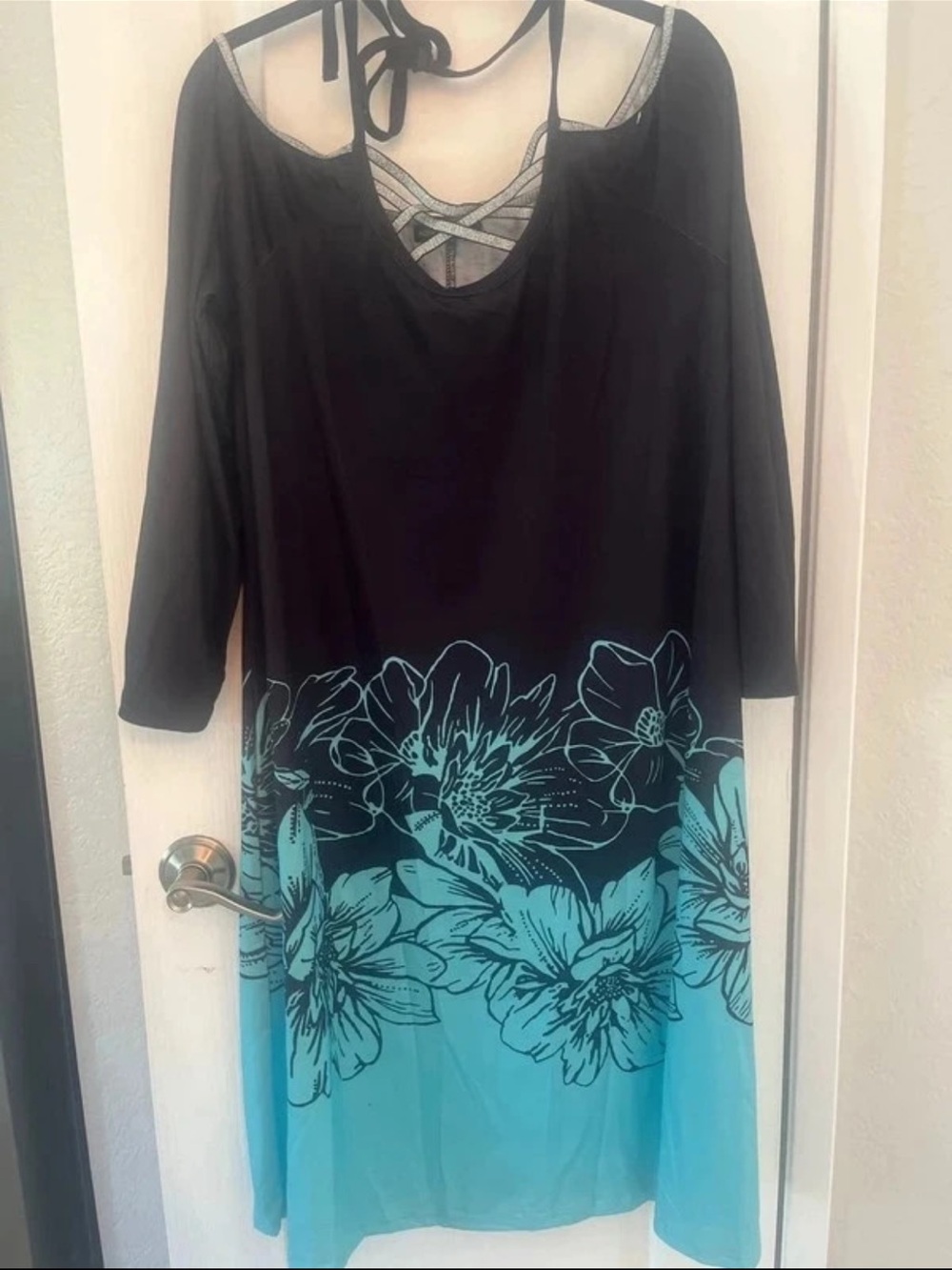 Black and Turquoise Floral Off the Shoulders and Halter Neck Women's Dress